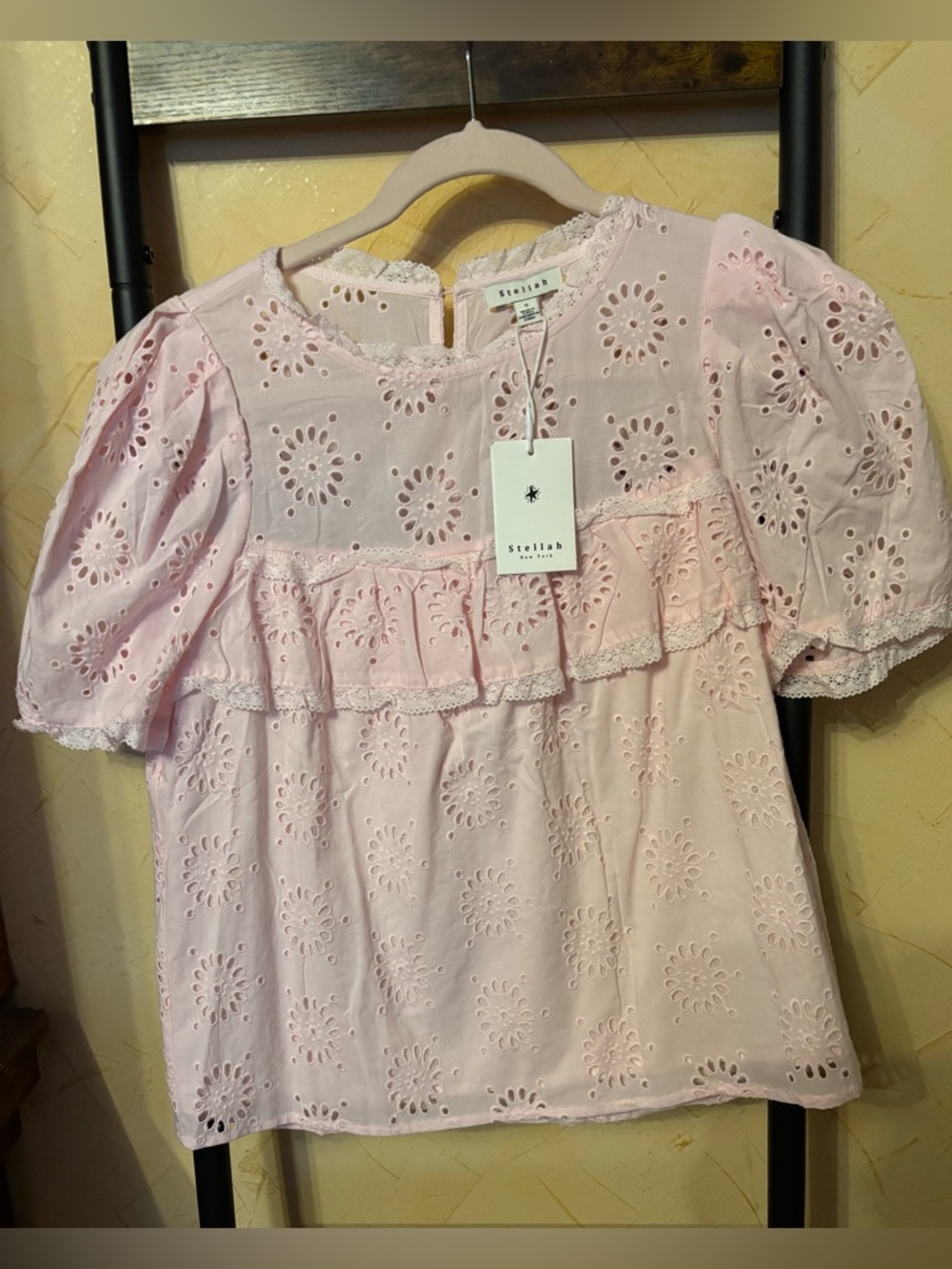 Stellah Light Pink Eyelet Ruffle Cotton Blouse Size S NWT